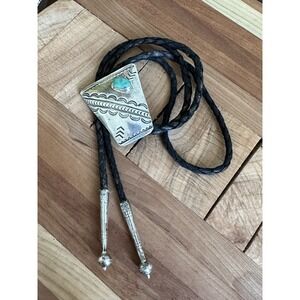 VTG Navajo Bennett Pat Pend Pre 1955  Bolo Tie Turquoise Leather 925 Sterling